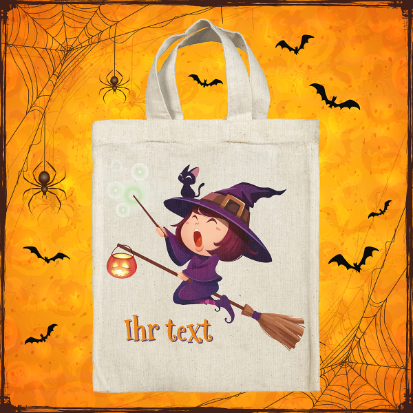 Personalisierte Halloween-Tragetasche - Hexe auf ihrem Besen