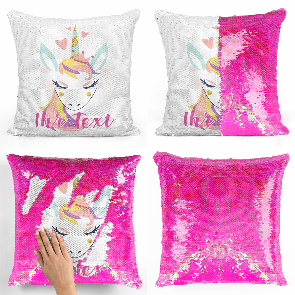 Personalisierte Kissen mit Wendepailletten - Einhorn Herzen