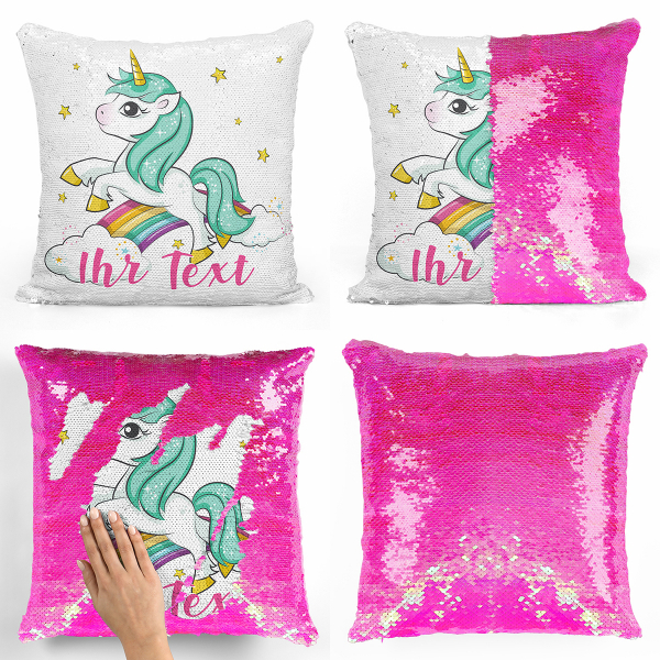 Personalisierte Kissen mit Wendepailletten - Einhorn Wolken Regenbogen