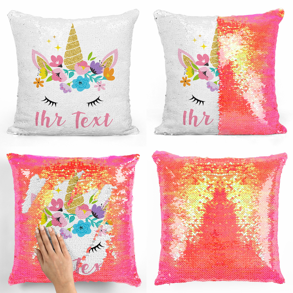 Personalisierte Kissen mit Wendepailletten - Zaubereinhorn