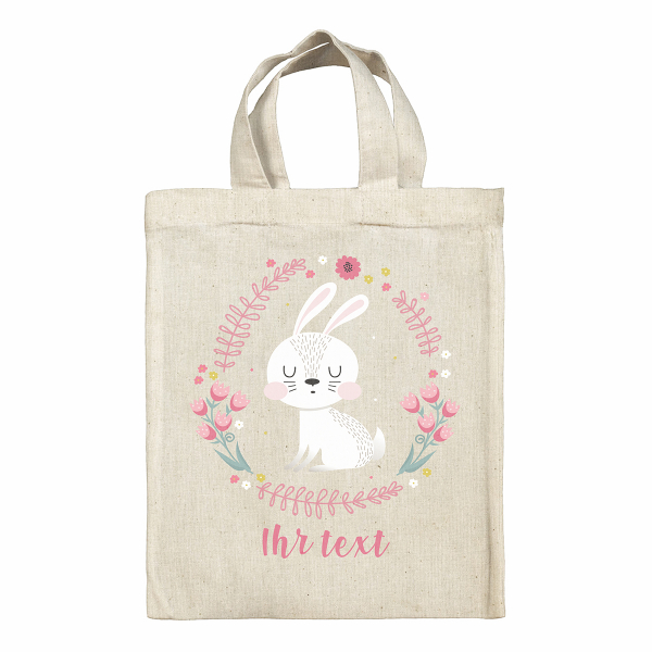 Personalisierte Oster-Tragetasche - Weißes Häschen mit Blumen